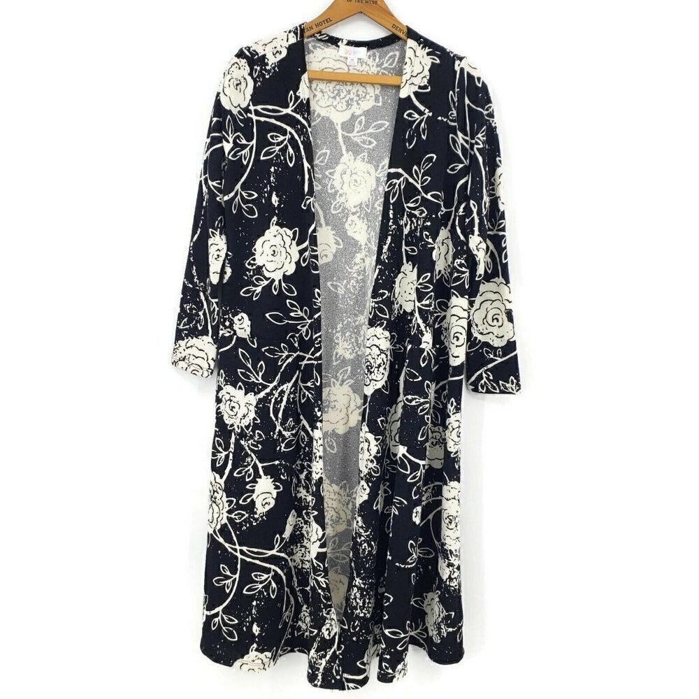 LuLaRoe Sarah Open Cardigan Womens M Black White Rose Floral Print Pockets